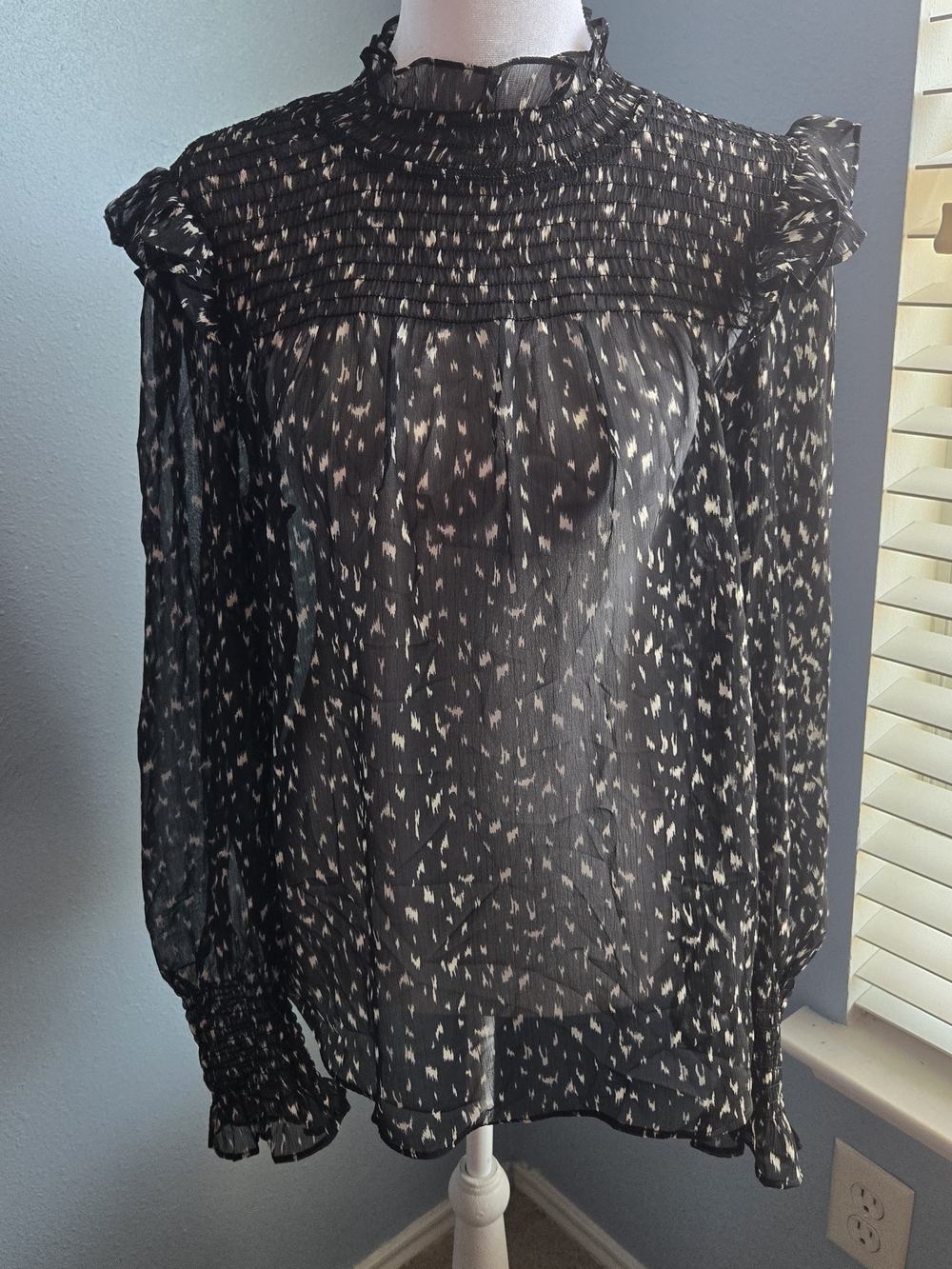 BCBG Black Sheer Printed Smocked-Neck Blouse
